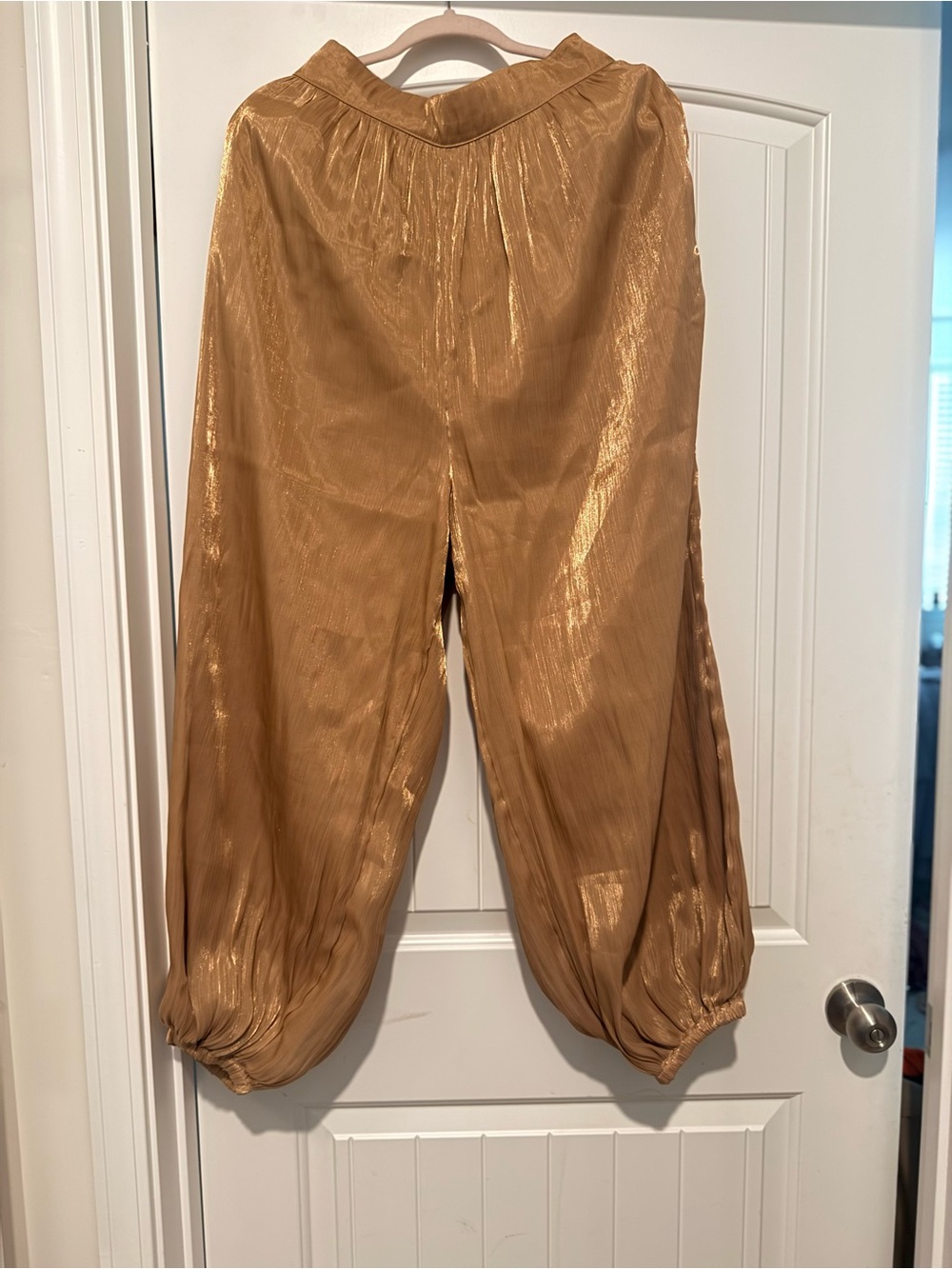 Maeve Metallic Gold Elastic Hem Harem Pants by Anthropologie
